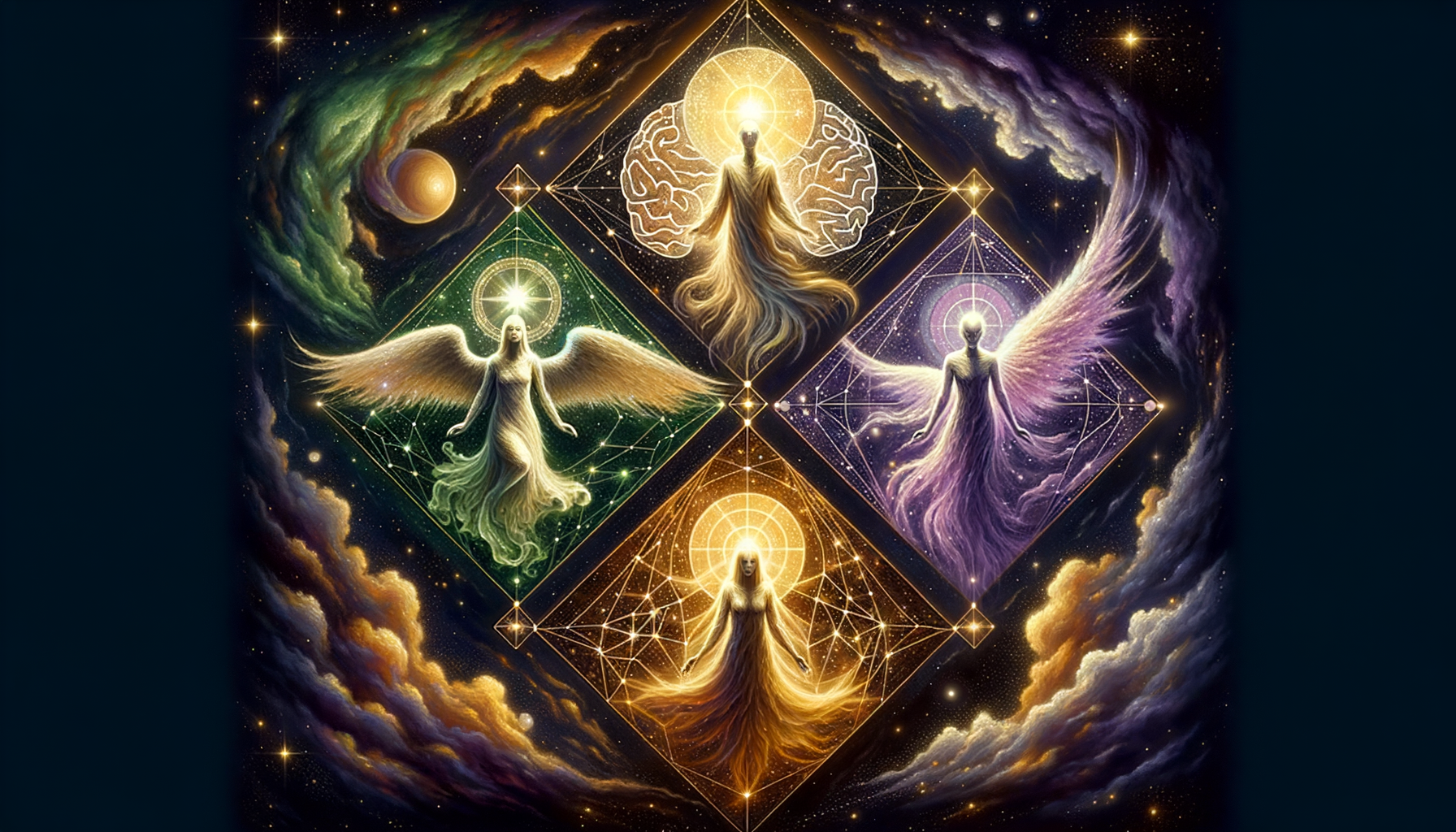 Four guardian angels representing the solar, intellectual, emotional, and operative planes