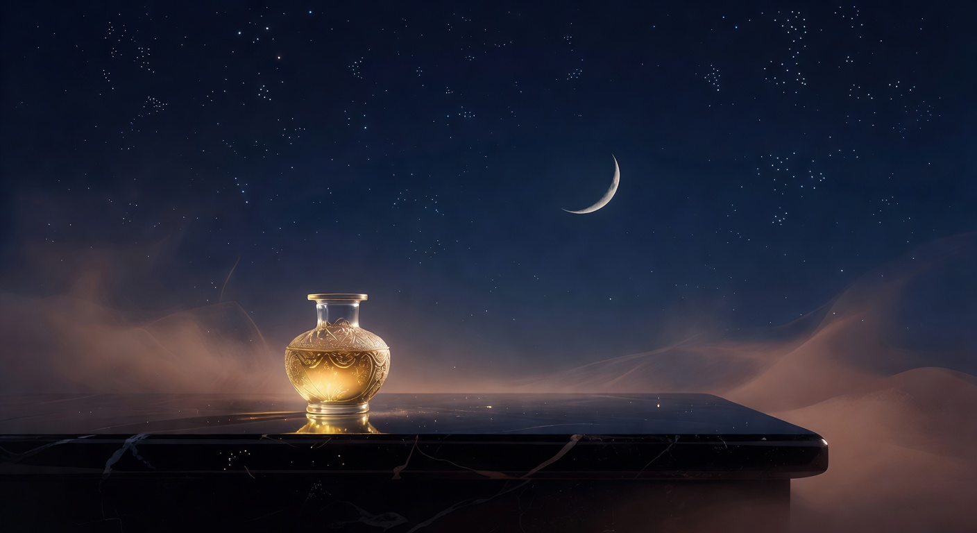 A glass vessel of golden sacred oil beneath a crescent moon in an indigo night sky