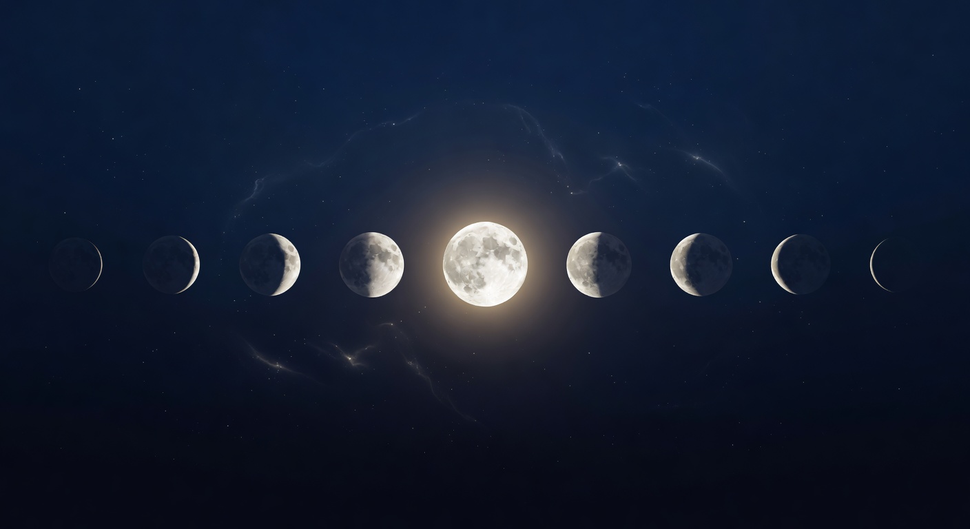 Seven lunar phases from new moon to waning crescent against a deep night sky