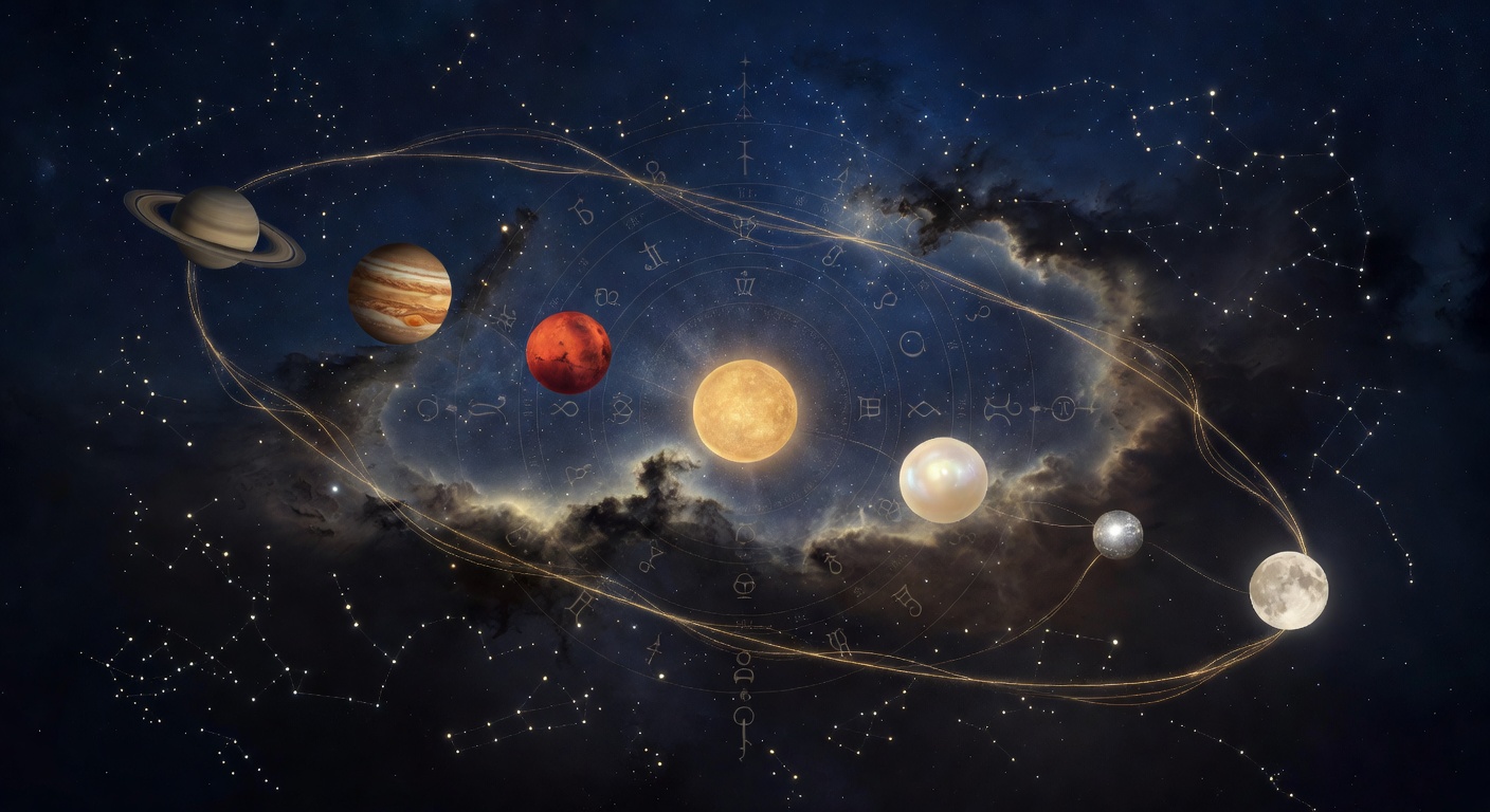 The seven classical planets arranged as luminous ritual emblems